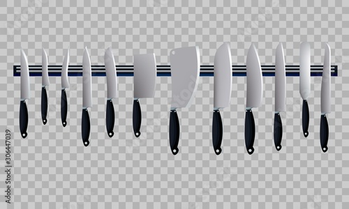 Set of knives. Kitchen accessories isolated on light background. Chef's knife, santoku, bread knife, meat cleaver, chinese shopper, steak and butcher knife. Vector illustration.
