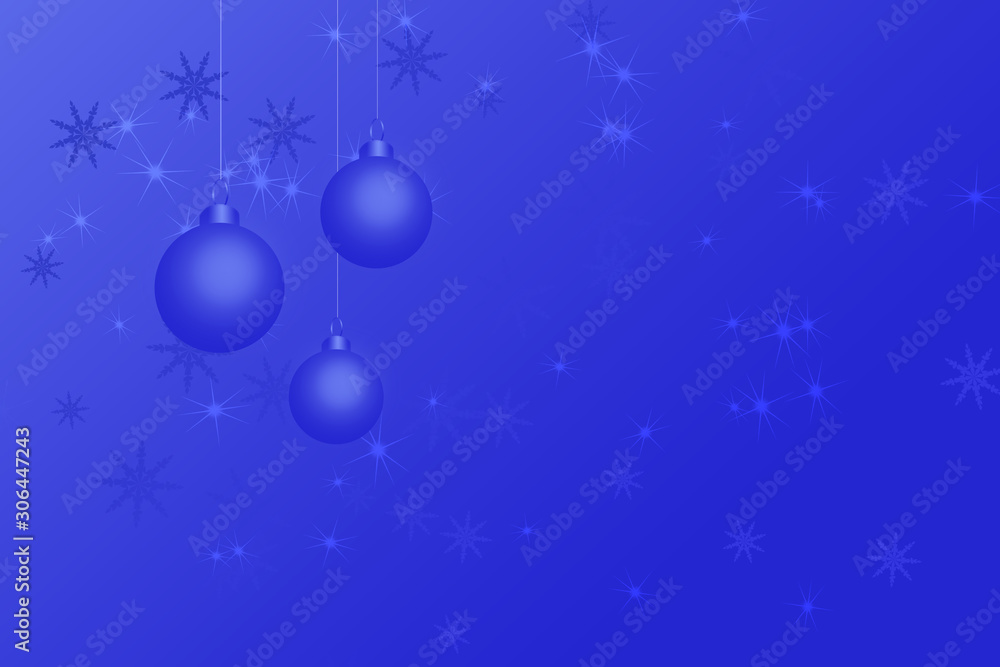 Christmas background and greeting card with blue balls, stars and snowflakes. Christmas illustration with copy space. Christmas background and greeting card with blue balls, stars and snowflakes. Christmas illustration with copy space.