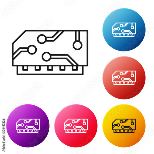 Black line RAM, random access memory icon isolated on white background. Set icons colorful circle buttons. Vector Illustration