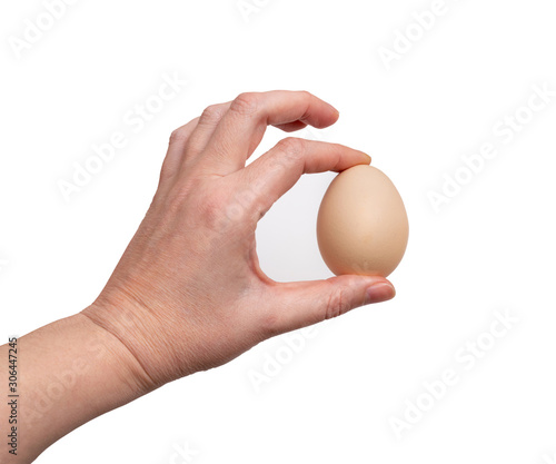Hand Holding Raw Chicken Egg Isolated on White Background