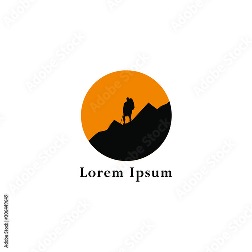 Tourist climbs the mountain symbol, travel and expedition logo, Hiking Logo Template