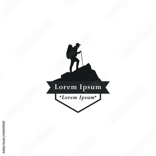 Tourist climbs the mountain symbol, travel and expedition logo, Hiking Logo Template