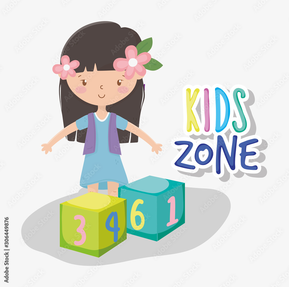 kids zone, cute little girl with flowers in hair and blocks toys kids zone, cute little girl with flowers in hair and blocks toys