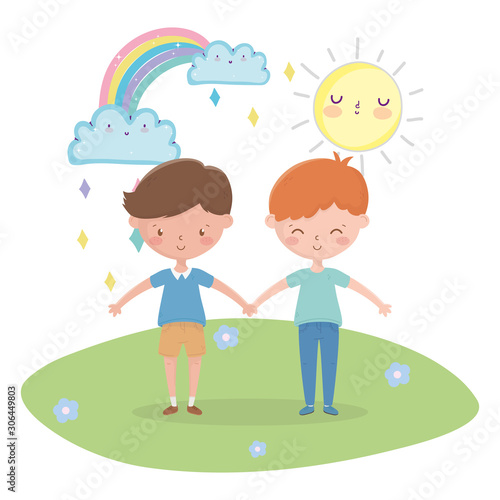 kids zone, cute little boys holding hands in the outdoors rainbow