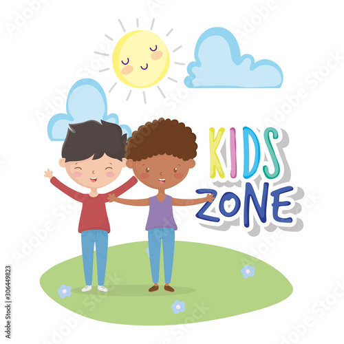 kids zone, cute little boys holding hands in the outdoors