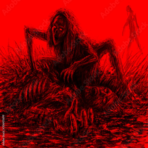 Scary zombie woman sits and eats on red background