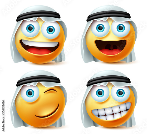 Happy arab emoji and emoticon vector set. Saudi arabian cute emojis face with happy, naughty and smiling facial expression wearing white thobe isolated for avatar collection. Vector illustration. 