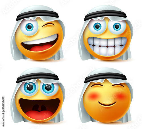 Arab emoticon or emojis vector set. Saudi arab emoticon face head with naughty and excited wearing traditional thwab isolated in white background. Vector illustration.