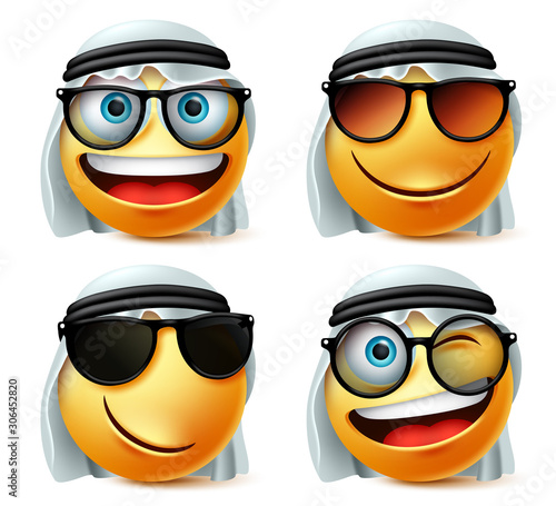 Emoticon Arab saudi with glasses vector set. Saudi arab emoji face or emoticon wearing sunglasses, eyeglasses and ghutra in naughty, happy and smiling facial expressions in white background. 