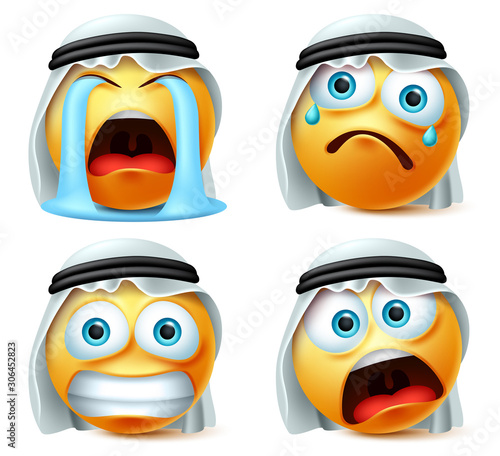 Emoticon arab crying emoji vector set. Saudi arab emoticon or emoji yellow face in crying, scared, surprise and sad emotion with white traditional thawb and background. Vector illustration