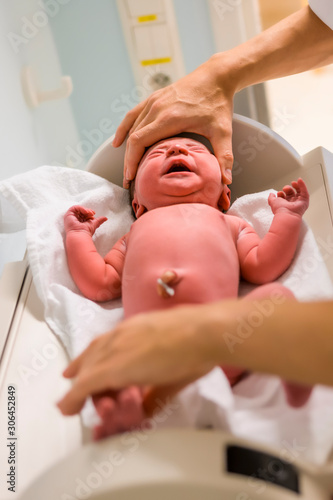 A newborn baby is examinate in hospital just after childbirth. Length measurement. Closeup vertical photo. photo