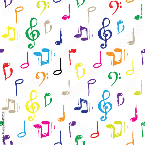 Vector illustrated color ink music notes and keys pattern