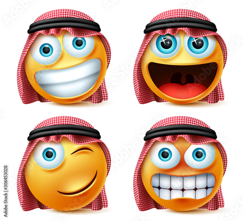 Saudi arab emojis vector set. Saudi arab emoticon or emoji face in excited, angry and naughty expression wearing agal and ghutra isolated in white background. Vector illustration.