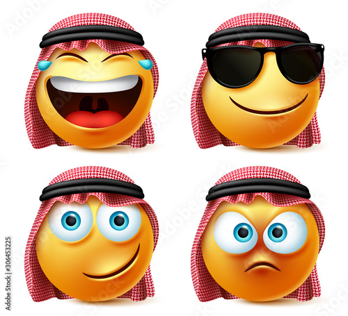 Saudi arab emoticon vector set. Emotions or emoji of saudi arabian man face in laughing, naughty and happy facial expression with thobe and glasses isolated in white background. Vector illustration.