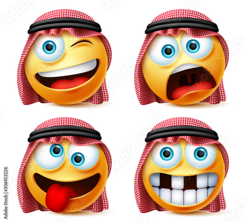 Saudi arab emoticon vector set. Saudi arabian emoji face head in funny, crazy and naughty facial expression with  thawb isolated in white background. Vector illustration.