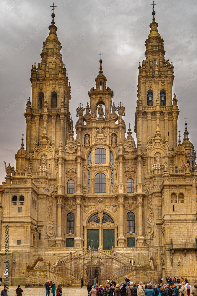 SANTIAGO DE COMPOSTELA, SPAIN - CIRCA FEBRUARY 2019: Santiago de Compostela Cathedral view from Obradoiro square. Cathedral of Saint James, Spain. Galicia, pilgrimage.