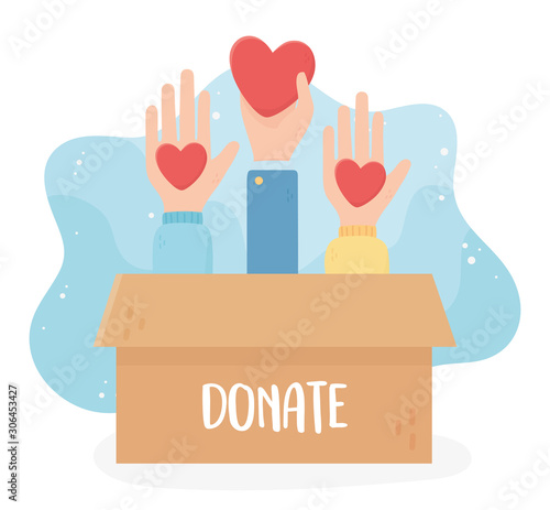 volunteering, help charity donate hands with hearts box