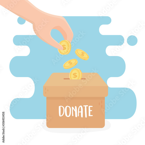 volunteering, help charity donate hand pushing coins in box