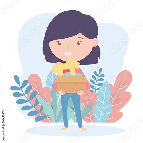 volunteering, help charity teen woman with donation clothes in box