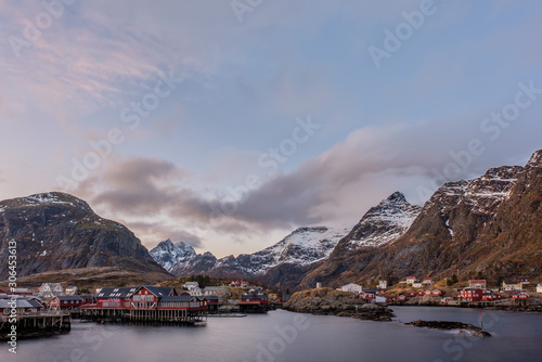 The village A with the typical red Rorbu fishing houses, Moskenes, Lofoten Islands, Norway, Scandinavia