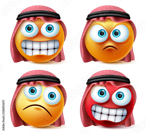 Angry saudi arab emoji and emoticon vector set. Emoticons of saudi arabian wearing thawb in angry, stress and crazy mood isolated in white background. Vector illustration.
