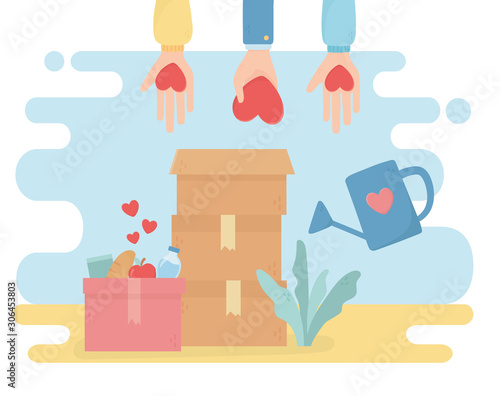 volunteering, help charity hands with heart boxes food care plant