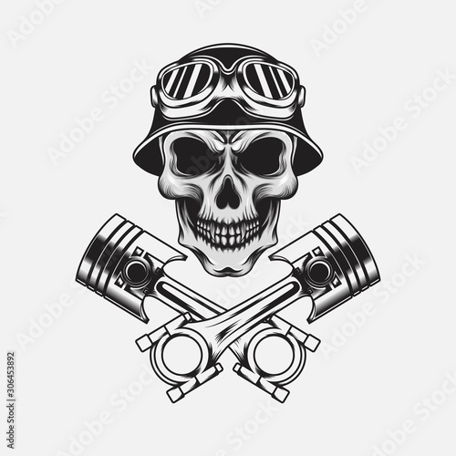 Vintage helmeted skull with piston illustration