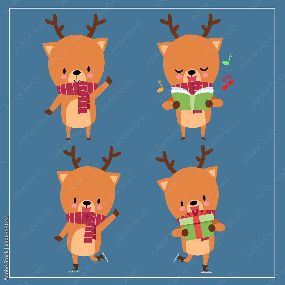 Cute Kawaii Hand Drawn Deer Wearing Scarf With Smiling And Funny Face In Different Poses And Activities On Dark Blue Background. Collection. Set. Vector. Emoji. Sticker. Emoticon. Cartoon. Character Cute Kawaii Hand Drawn Deer Wearing Scarf With Smiling And Funny Face In Different Poses And Activities On Dark Blue Background. Collection. Set. Vector. Emoji. Sticker. Emoticon. Cartoon. Character