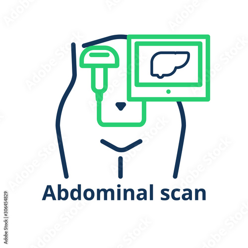 Abdominal scan icon. Illustration of the female tummy with ultrasound probe capturing the liver