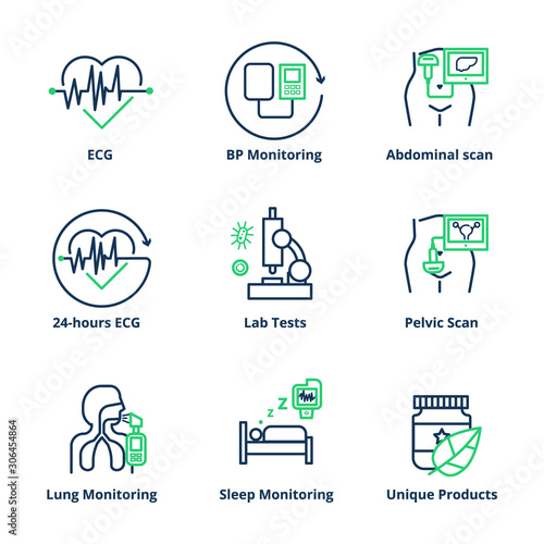 Medical services icon. Ultrasound scan, lab and ecg medical icon set