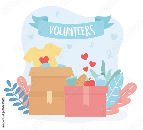 volunteering, help charity volunteers boxes clothes food love support