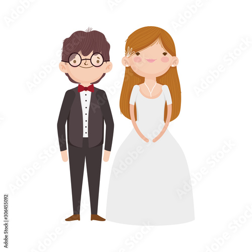 wedding couple, bride and groom in elegant suits cartoon