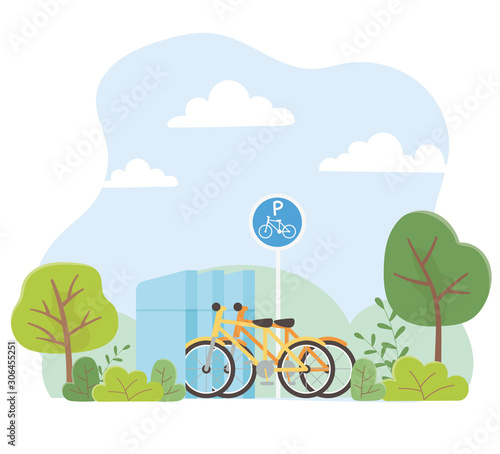 urban ecology parking bicycles transport park trees nature