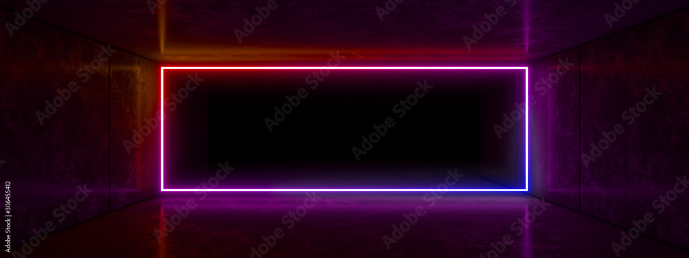 Plakat Colored neon lamps in a dark tunnel. 3d rendering image.