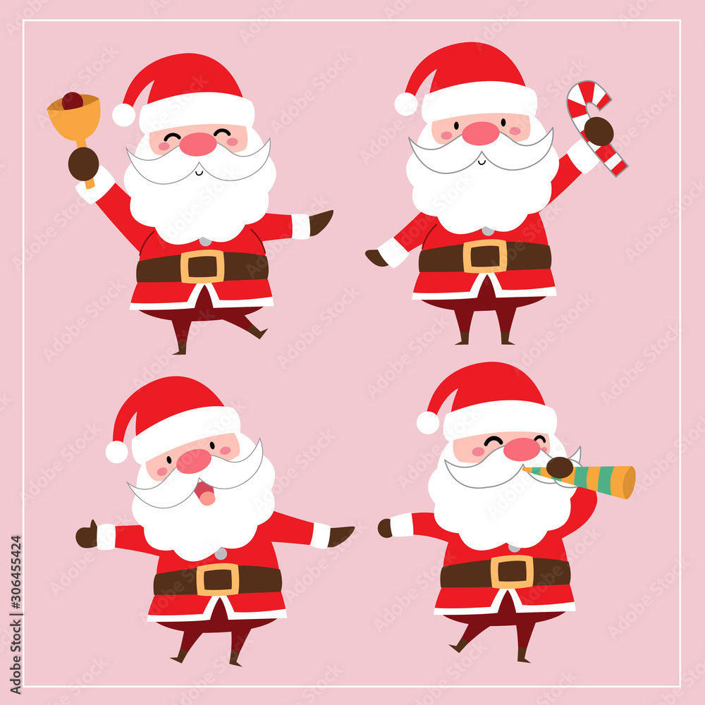 Cute Kawaii Hand Drawn Santa Claus With Smiling And Funny Face In Different Poses And Activities On Pink Background. Collection. Set. Vector. Emoji. Sticker. Emoticon. Cartoon. Character. Illustration