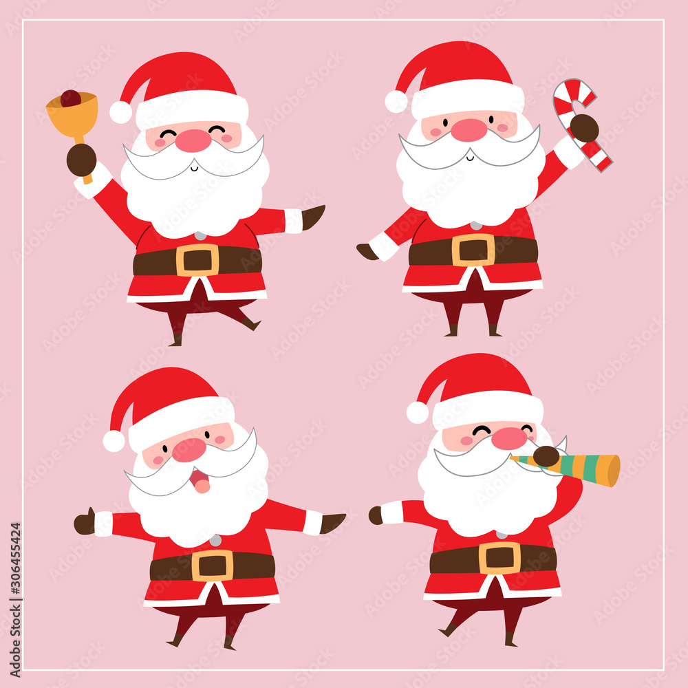 Cute Kawaii Hand Drawn Santa Claus With Smiling And Funny Face In Different Poses And Activities On Pink Background. Collection. Set. Vector. Emoji. Sticker. Emoticon. Cartoon. Character. Illustration Cute Kawaii Hand Drawn Santa Claus With Smiling And Funny Face In Different Poses And Activities On Pink Background. Collection. Set. Vector. Emoji. Sticker. Emoticon. Cartoon. Character. Illustration