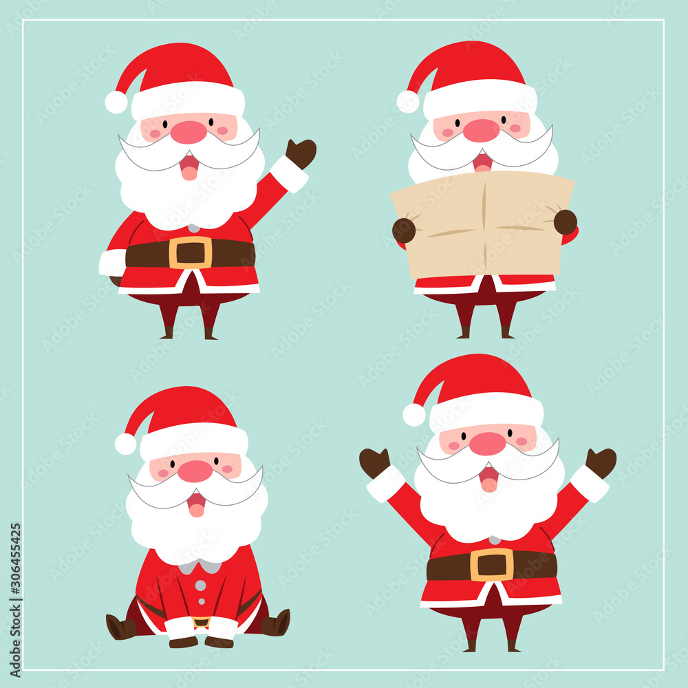 Cute Kawaii Hand Drawn Santa Claus With Smiling And Funny Face In Different Poses And Activities On Green Background. Collection. Set. Vector. Emoji. Sticker. Emoticon. Cartoon. Illustration Cute Kawaii Hand Drawn Santa Claus With Smiling And Funny Face In Different Poses And Activities On Green Background. Collection. Set. Vector. Emoji. Sticker. Emoticon. Cartoon. Illustration