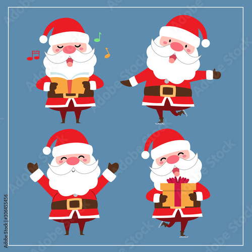Cute Kawaii Hand Drawn Santa Claus With Smiling And Funny Face In Different Poses And Activities On Dark Blue Background. Collection. Set. Vector. Emoji. Sticker. Emoticon. Cartoon. Illustration © Hellokuro