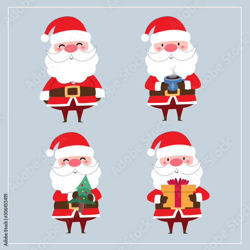Cute Kawaii Hand Drawn Santa Claus With Smiling And Funny Face In Different Poses And Activities On Blue Background. Collection. Set. Vector. Emoji. Sticker. Emoticon. Cartoon. Illustration. Ornaments © Hellokuro
