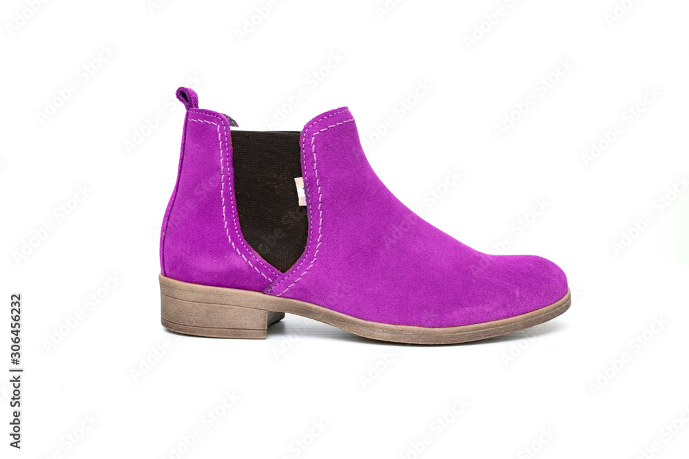 Female purple leather boot on white background, isolated product, top view.