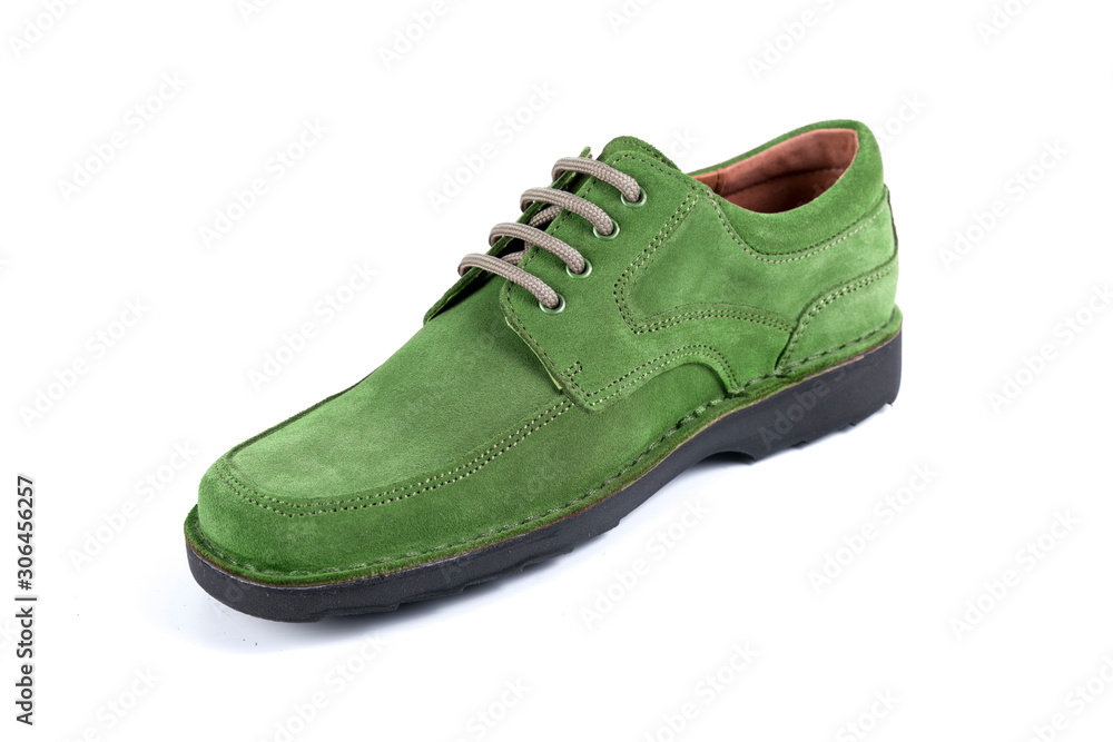 Male green leather shoe on white background, isolated product, top view. Male green leather shoe on white background, isolated product, top view.