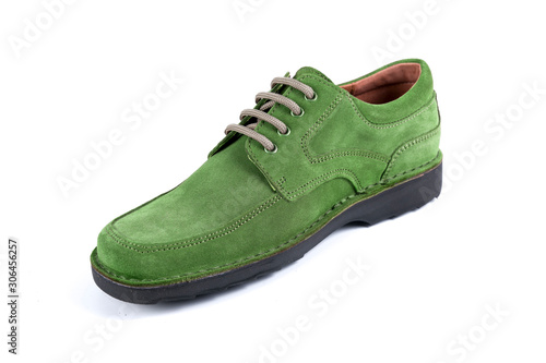 Male green leather shoe on white background, isolated product, top view.