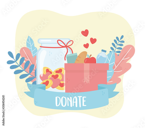 volunteering, help charity donate box with food and money love