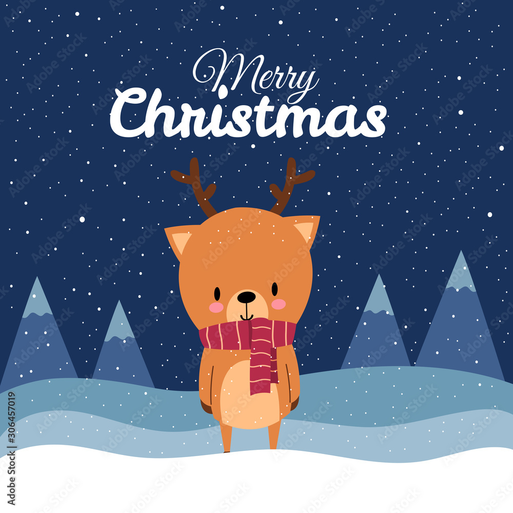Merry Christmas with Cute Kawaii Hand Drawn Deer Wearing Red Scarf With Smiling And Funny Face. Cartoon. Vector. Character. Illustration. Flat Design. Background. Greeting. Invitation. Postcard