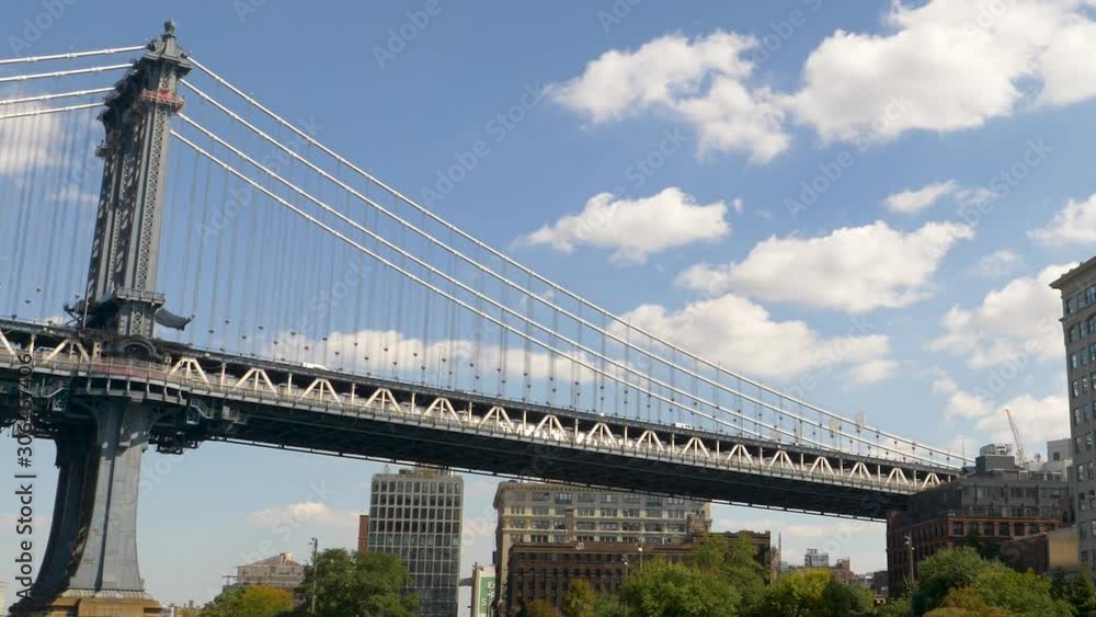 Panning Right along Manhattan Bridge Span towards Brooklyn Park w/ Buildings & Trees Panning Right along Manhattan Bridge Span towards Brooklyn Park w/ Buildings & Trees