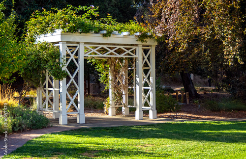 White pergola in a garden, surrounded by greenery and a lawn.