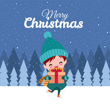 Merry Christmas with Cute Kawaii Hand Drawn Boys Or Kids Wearing Winter Costume And Ice Skating And Holding Gift Box With Smiling Face. Cartoon. Vector. Illustration. Greeting. Invitation. Postcard