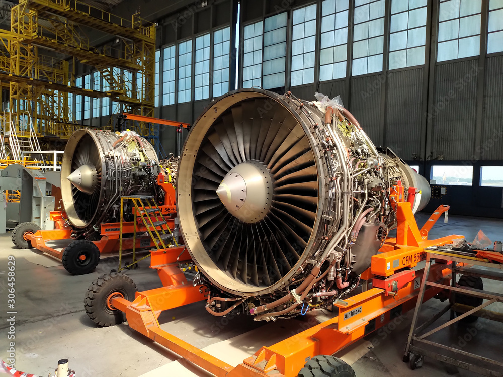Obraz premium CFM56 Engines waiting in t he hangar to be repaired