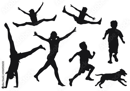 Vector silhouettes of children playing outside.
