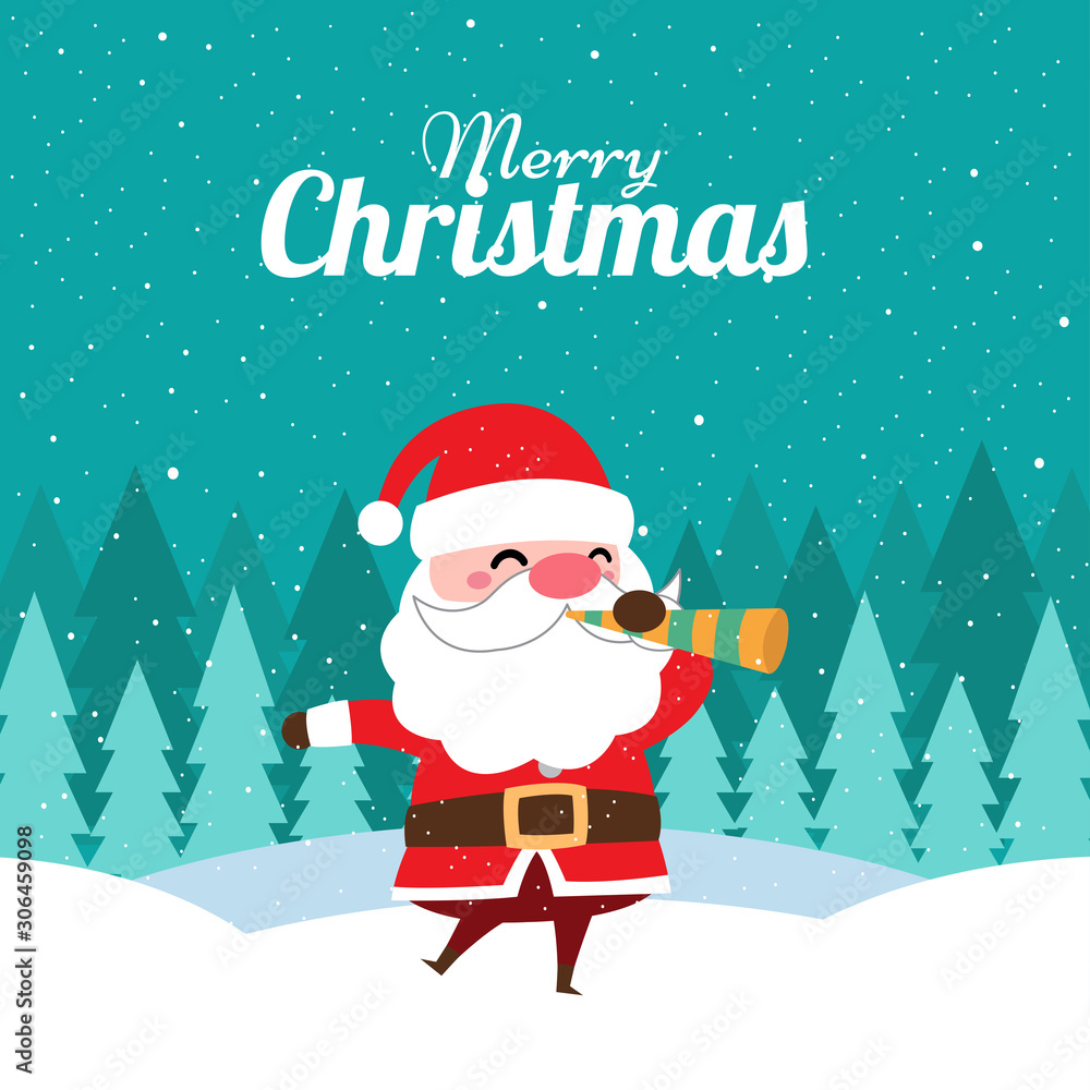 Merry Christmas with Cute Kawaii Hand Drawn Santa Claus With a Pipe Or Playing a Trumpet With Smiling Face. Cartoon. Vector. Illustration. Flat Design. Background. Greeting. Invitation. Postcard Merry Christmas with Cute Kawaii Hand Drawn Santa Claus With a Pipe Or Playing a Trumpet With Smiling Face. Cartoon. Vector. Illustration. Flat Design. Background. Greeting. Invitation. Postcard